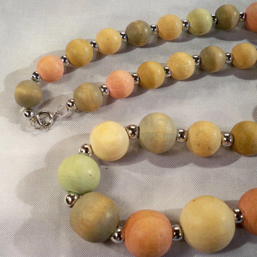 Washed Pastel Colored Wood Beads 24" Necklace - Picture 3 of 7